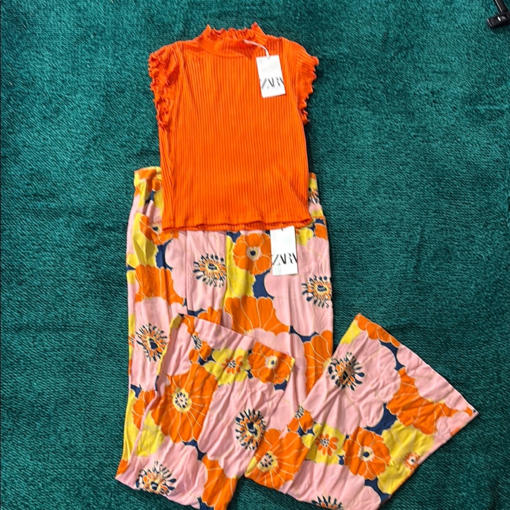 FINAL DISCOUNT Zara Vibrant Orange Top with Floral Pants